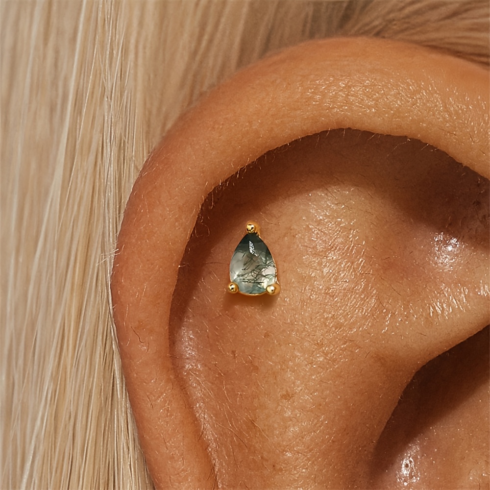 Women's 925 Silvery Moss Agate Water Drop Stud Earrings